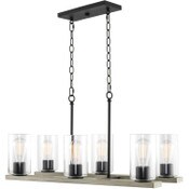 Wholesale - Piedmont 30" 6-Light Large Farmhouse Kitchen Island Light / Chandelier | Clear Glass Cylinder Shades | Rustic Gray Oak Wood Style + Textured Black Finish, UPC: â€Ž810018526337